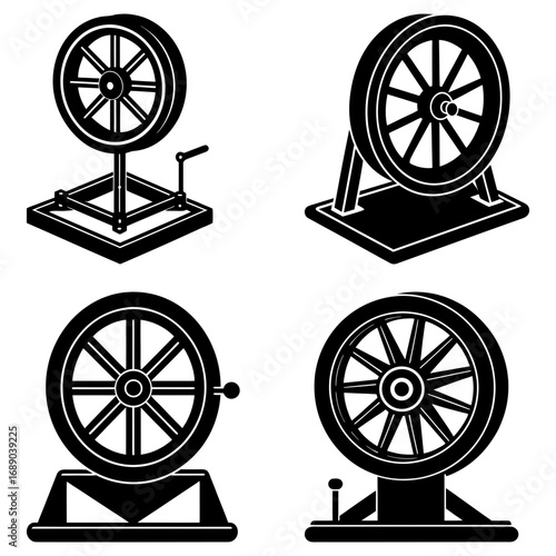Illustration showcasing four different black and white roulette wheels on various stands and bases