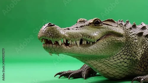 Wallpaper Mural Close-up of a fierce alligator with sharp teeth on a vibrant green background Torontodigital.ca