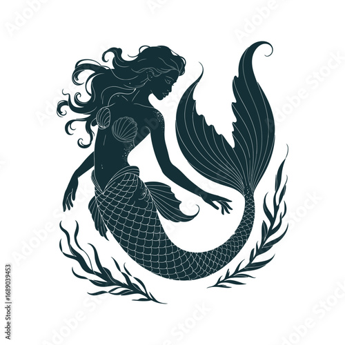 Enchanting Mermaid Silhouette Illustration with Seaweed for Aquatic and Mythical Themes