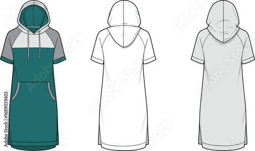 Hooded dress flat sketch, short sleeve hoodie dress template, front and back view, fashion technical drawing, women’s casual wear design, vector apparel illustration.