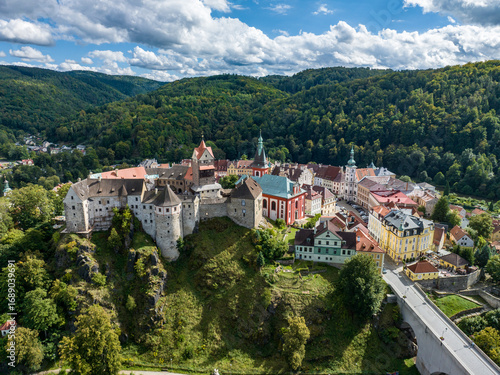 Aerial view, castle Elbogen - Loket,  with Village Loket,  Okres Sokolov,  Tschechien.