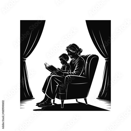 Cozy Reading Silhouette Illustration of Grandmother and Child for Family and Learning