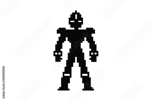 Pixelated Black Robot with White Background, Isolated Standing