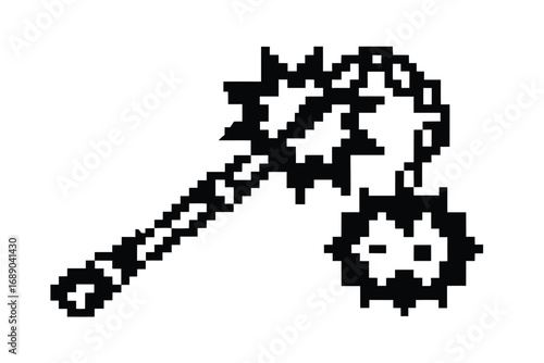 Pixelated Black Spiked Mace on White Background Weapon Design Element