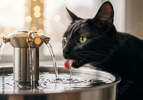 Thirsty black cat laps fresh, clean water from a modern pet drinking fountain indoors