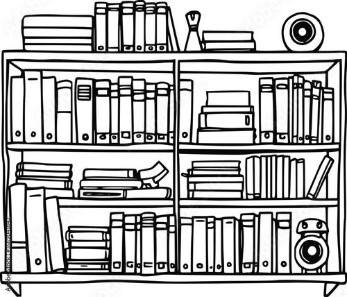 Bookshelf Full of Books Hand Sketch 