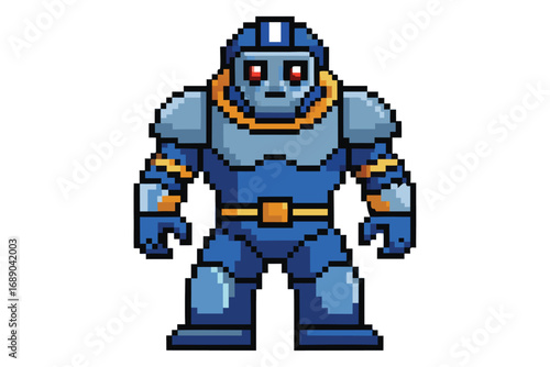 Pixelated Blue Robot with Red Eyes on a White Background Full Body