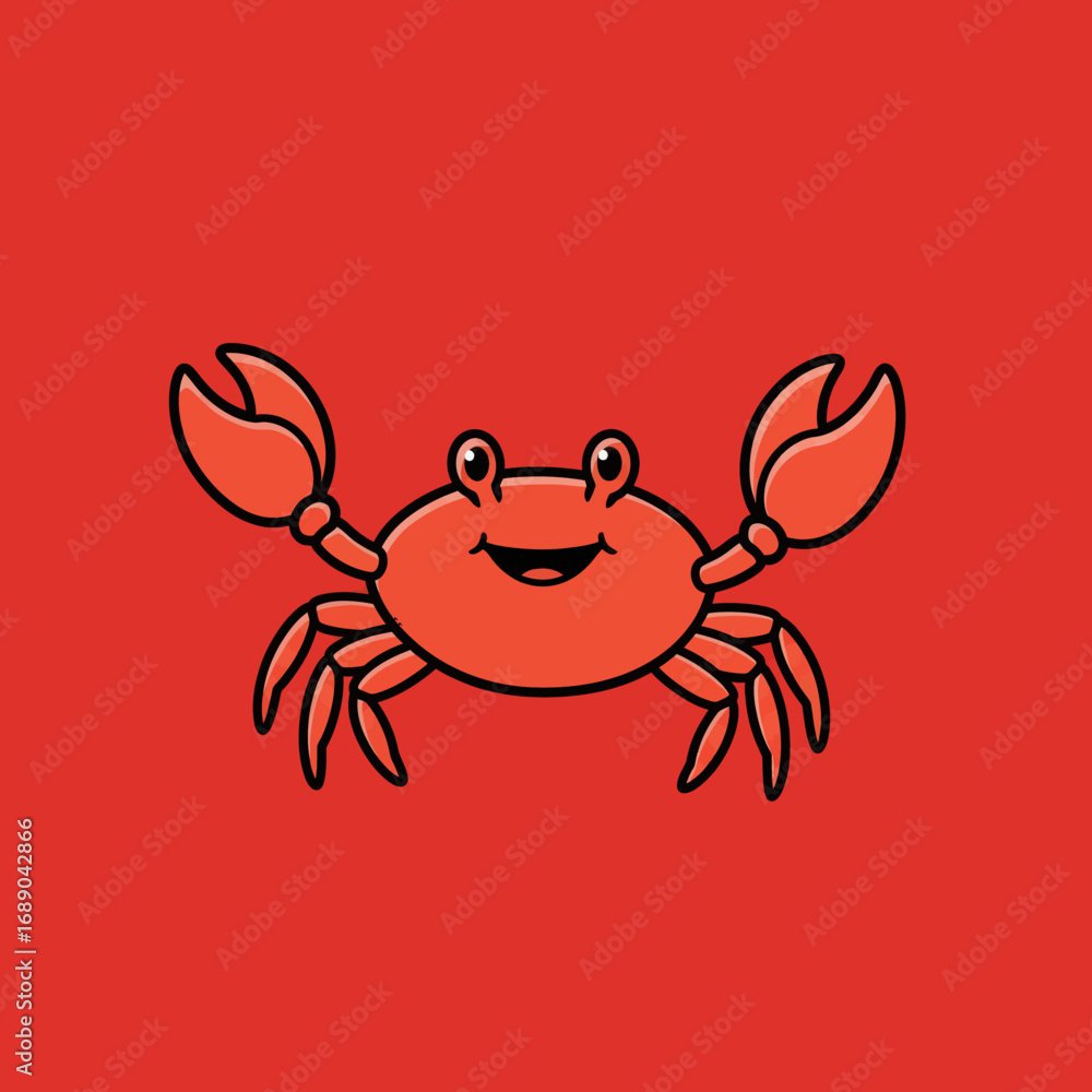 Fototapeta premium Cheerful Cartoon Crab with Claws Raised, Red Shell, Simple Line Art Style.