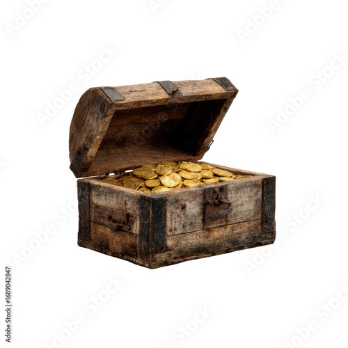 Antique Wooden Chest Overflowing with Gold Coins