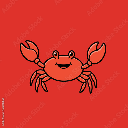 Cheerful Cartoon Crab with Claws Raised, Red Shell, Simple Line Art Style.