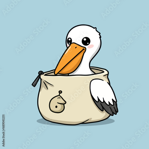 Adorable Cartoon Pelican Bird Emerging from a Beige Drawstring Bag, Smiling.