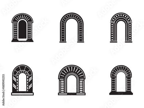 Arched Doorway Silhouette Collection Featuring Geometric Patterns and Architectural Elements in Black and White Simple Gate Designs