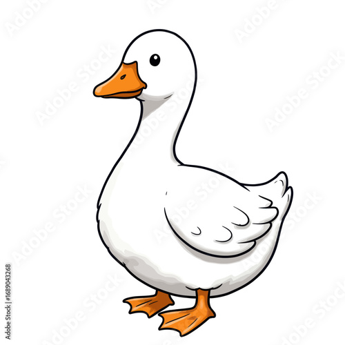 Cartoon White Duck with Orange Beak and Feet Standing.