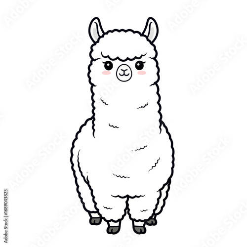 A cute, fluffy cartoon alpaca with a sweet expression, depicted in a simple black and white line art style.