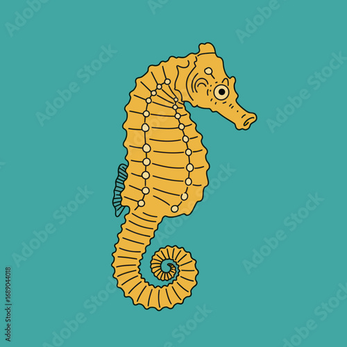 Stylized Yellow Seahorse with Detailed Body and Curled Tail.