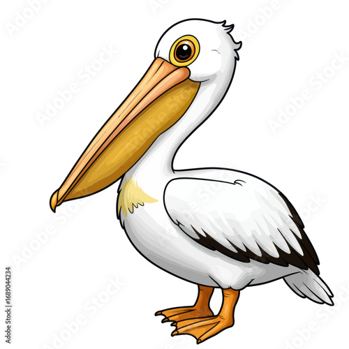 Adorable Cartoon White Pelican with Long Yellow Beak and Pouch.