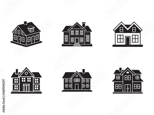 Architectural Styles of Residential Homes Black and White Icon Set Depicting Various Designs and Shapes for Housing Concept
