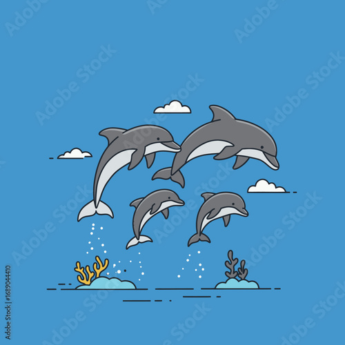 Playful Dolphin Pod - Cartoon Dolphins Leaping Together in the Ocean.
