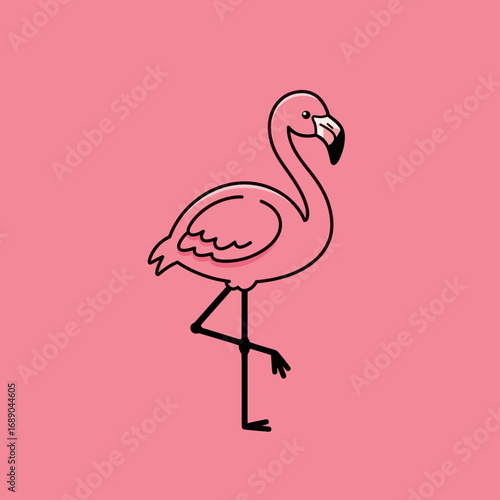 A simple pink flamingo illustration with bold black outlines, standing gracefully on one leg.