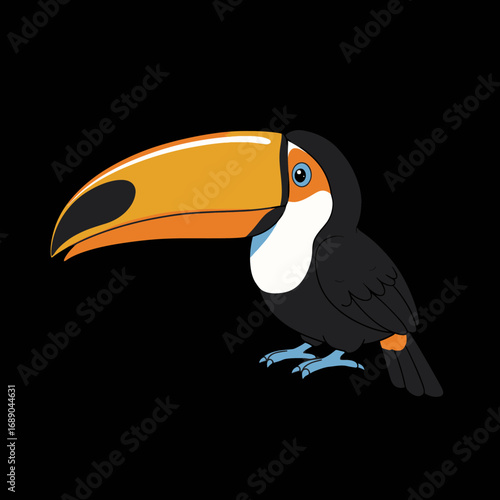 Cartoon Toucan with Large Orange Beak and Black Feathers.