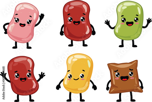 Cute cartoon colorful beans characters with smiling faces, funny expressions, kawaii style illustration, vegetarian food, healthy nutrition, isolated design
