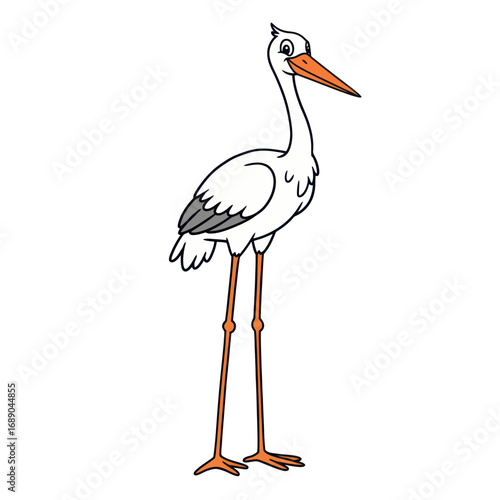 Cartoon White Stork with Long Orange Beak and Legs Standing Upright.