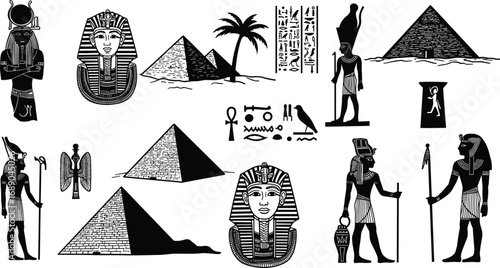 Ancient Egyptian symbols, pharaoh masks, pyramids, hieroglyphs, gods and goddesses, mythology, culture, history, archaeology, desert palm, Egyptian art
