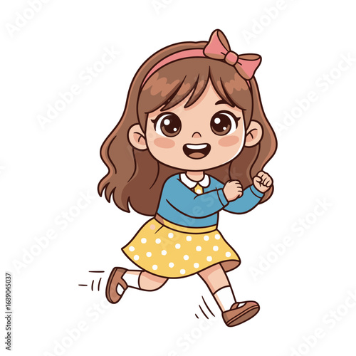 A cartoon girl with brown hair and a bow runs happily, wearing a blue shirt and yellow polka dot skirt.