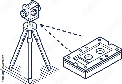 A vintage movie camera with a film reel and lens on a tripod, a black and white vector illustration of old cinema equipment