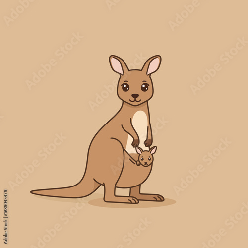 Cute cartoon mother kangaroo standing with baby joey in pouch, brown fur, big eyes.