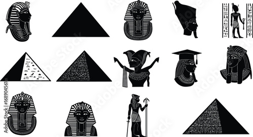 Ancient Egyptian symbols, pharaoh masks, pyramids, hieroglyphics, gods and goddesses, mythology, cultural heritage, Egyptian art, sacred icons, historic artifacts, mystical figures