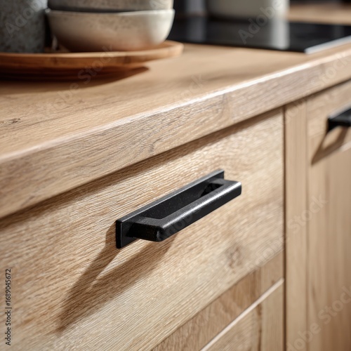 Close up of a modern kitchen cabinet with a sleek black handle on a light wood grain surface