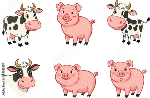 Cute cartoon farm animals cow and pig illustration, kawaii livestock character art, adorable kids mascot design, agriculture clipart for education projects