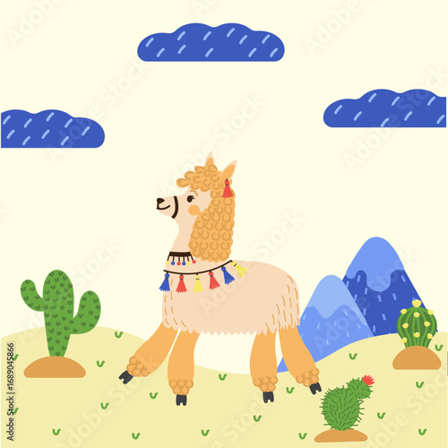 Lama on the prairie, alpaca, children's drawing, cartoon style, cacti, landscape, Mexico, mountains