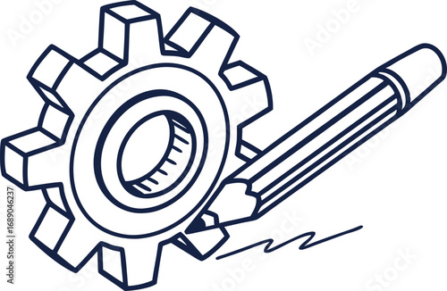 An engineering pencil sketch of a house and machinery with cogs and wheels