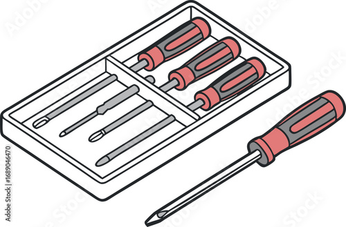 A close-up vector illustration of a red toolbox with a screwdriver and wrench on a white background