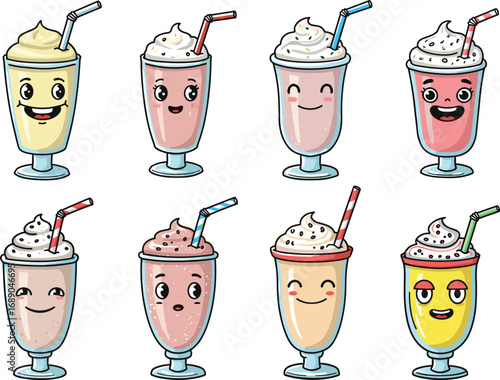 Cute cartoon milkshake characters with smiling faces, colorful dessert drinks, funny kawaii style illustration, sweet beverage concept, isolated design