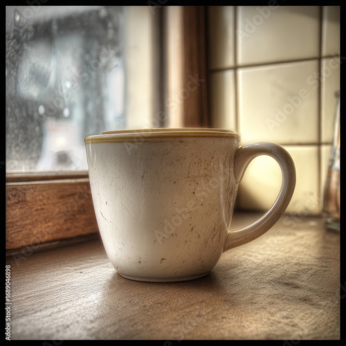 Wallpaper Mural Cozy ceramic mug filled with a warm beverage sits on a wooden surface by a window on a rainy day Torontodigital.ca