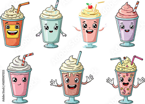 Cute cartoon milkshake characters with smiling faces, funny expressions, colorful drinks, kawaii style food illustration, dessert beverage concept, isolated