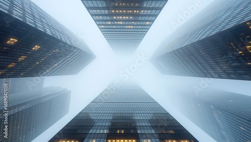 Fog-shrouded skyscrapers, low angle view.  Modern city buildings pierce a hazy sky