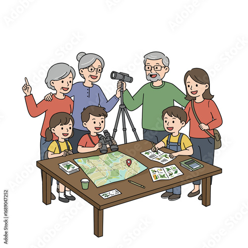 Joyful Multi-Generational Family Planning Outdoor Nature Expedition - Educational Vector Illustration for Discovery and Learning