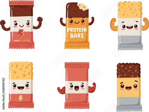 Cute cartoon protein bars with smiling faces, energy snacks, healthy food characters, fitness nutrition illustration, funny dessert design, playful packaging art