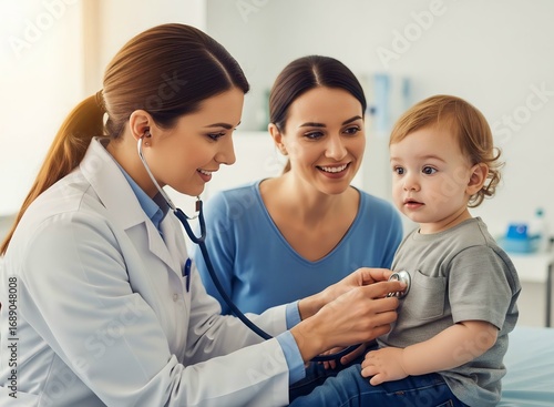 Caring doctor listening to toddler's heartbeat during checkup with smiling mother