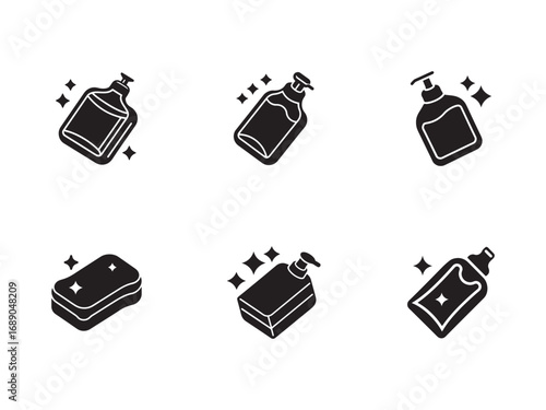 Bathroom hygiene vector icons illustrating soap bottles and a sponge for cleanliness and health promoting good hygiene habits