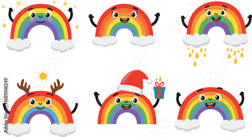 Cute cartoon rainbow characters with different emotions, happy rainbow faces, Christmas rainbow, rainy rainbow, funny rainbow illustration for kids design