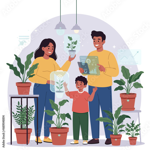 Sustainable Smart Gardening Family Vector Illustration: Nurturing Growth with Future Technology and Environmental Education