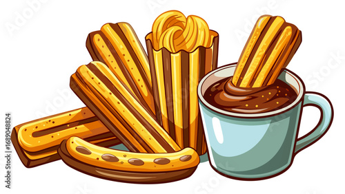 Golden churros arranged neatly beside a cup of thick chocolate. Isolated white background captures festive Spanish charm, joy of sharing, and rustic dessert transformed into chic modern style.
