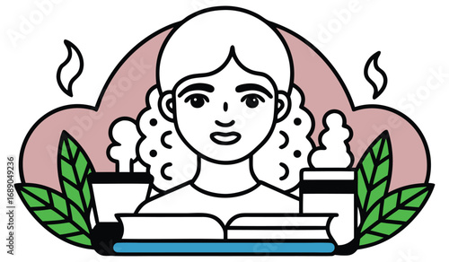 Vector art of young woman reading a book with steaming drinks and plants