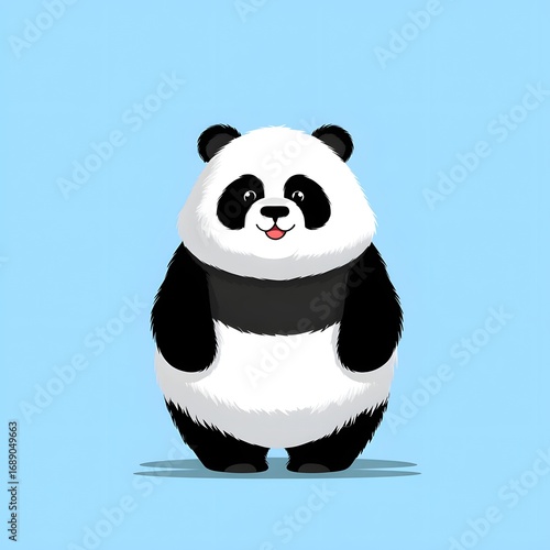 A cartoon panda bear standing upright with a happy expression on a light blue background illustration