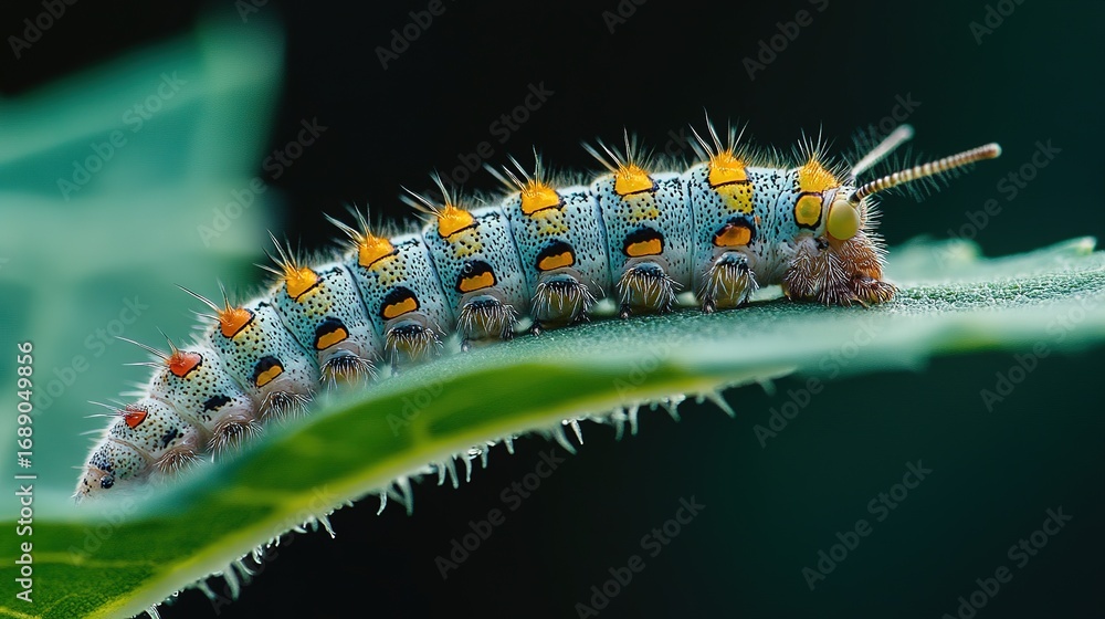 Naklejka premium Macro close-up of a green caterpillar on a vibrant leaf
